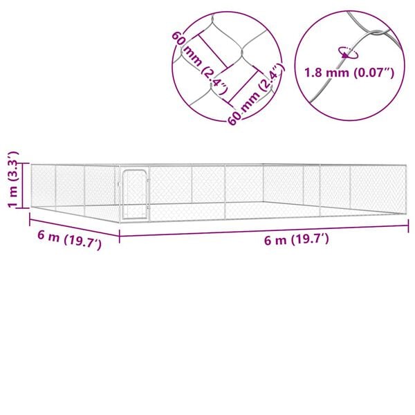 vidaXL Outdoor Dog Kennel Galvanised Steel 6x6x1 m