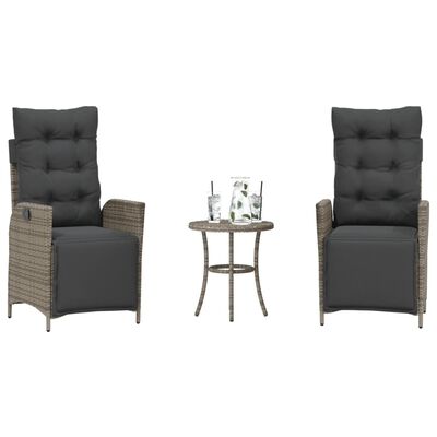 vidaXL 3 Piece Bistro Set with Cushions Grey Poly Rattan