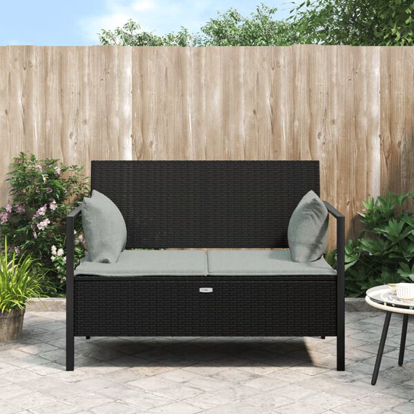 vidaXL 2-Seater Garden Bench with Cushions Black Poly Rattan