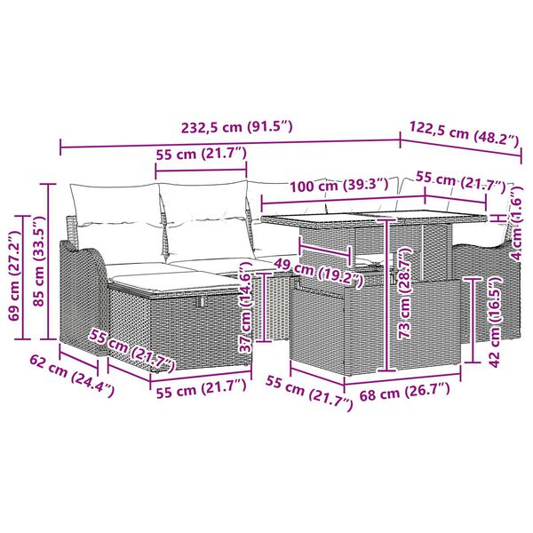 vidaXL 7 Piece Garden Sofa Set with Cushions Grey Poly Rattan