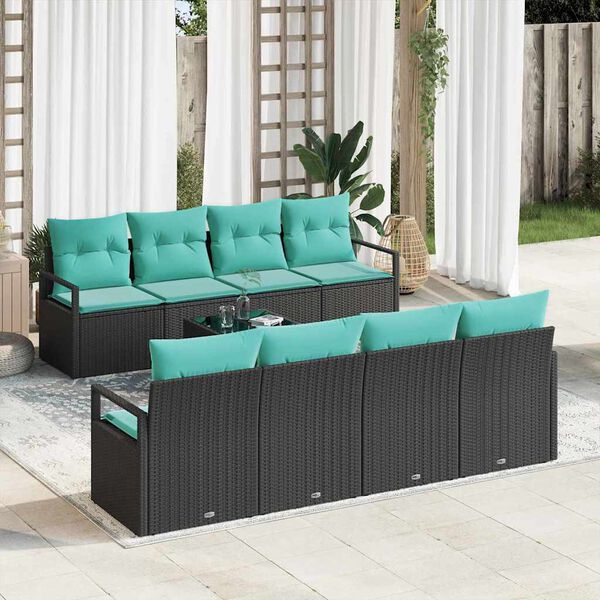 vidaXL Sofa Set with Cushion 9 pcs Black and Turquoise Poly Rattan