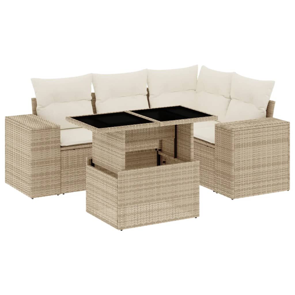 vidaXL 5 Piece Garden Sofa Set with Cushions Beige Poly Rattan