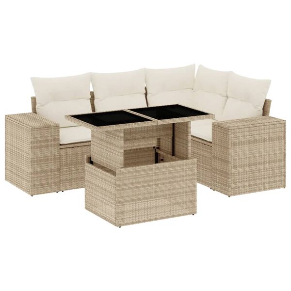 vidaXL 5 Piece Garden Sofa Set with Cushions Beige Poly Rattan