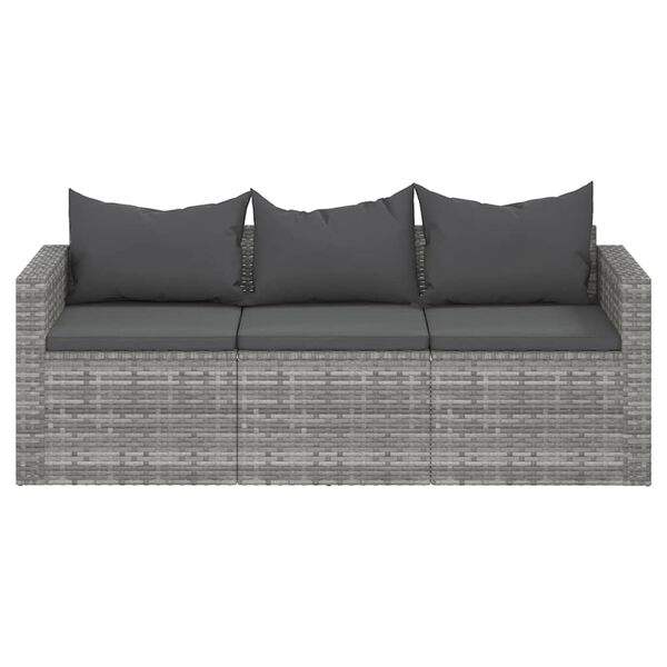 vidaXL 3-Seater Garden Sofa with Cushions Grey Poly Rattan