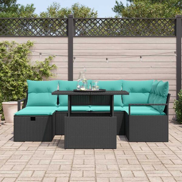 vidaXL 7 Piece Garden Sofa Set with Cushions Black Poly Rattan