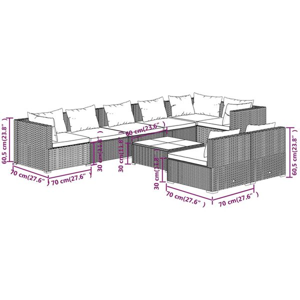 vidaXL 9 Piece Garden Lounge Set with Cushions Grey Poly Rattan