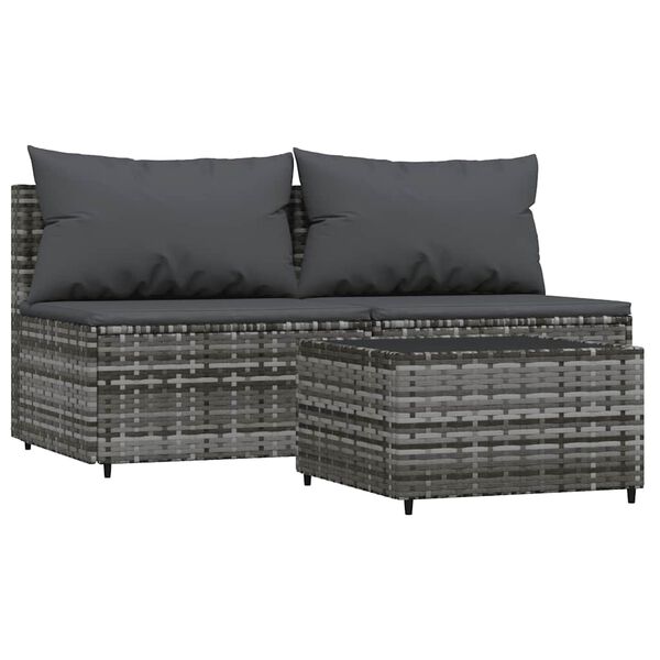vidaXL 3 Piece Garden Lounge Set with Cushions Grey Poly Rattan