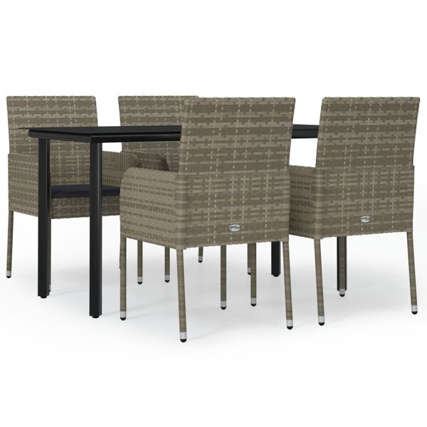 vidaXL 5 Piece Garden Dining Set with Cushions Black and Grey Poly Rattan