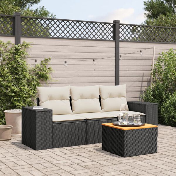 vidaXL 4 Piece Garden Sofa Set with Cushions Black Poly Rattan