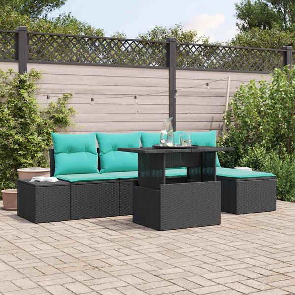 vidaXL Garden Sofa Set with Cushion 6 pcs Black and Blue Poly Rattan
