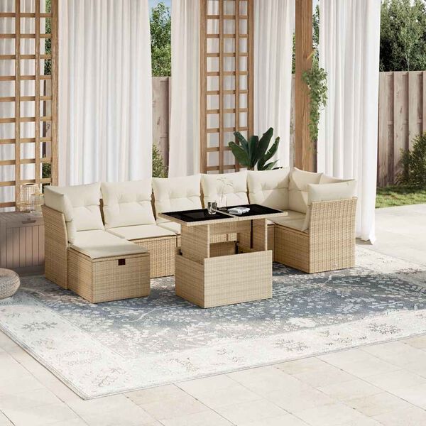 vidaXL 8 Piece Garden Sofa Set with Cushions Beige Poly Rattan