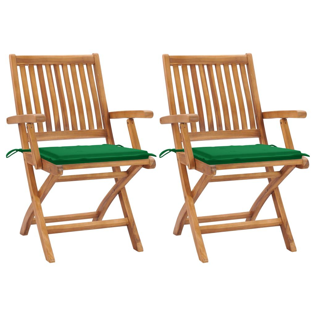 vidaXL Garden Chairs 2 pcs with Green Cushions Solid Teak Wood