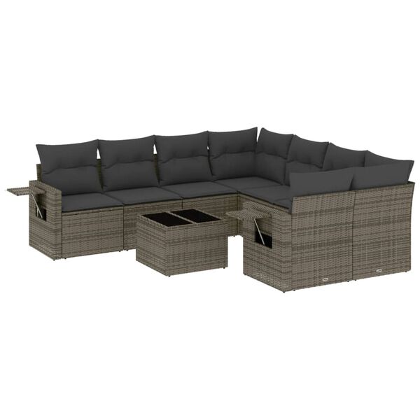 vidaXL 9 Piece Garden Sofa Set with Cushions Grey Poly Rattan