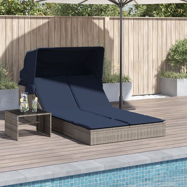 vidaXL Double Sun Lounger with Canopy and Cushions Grey Poly Rattan