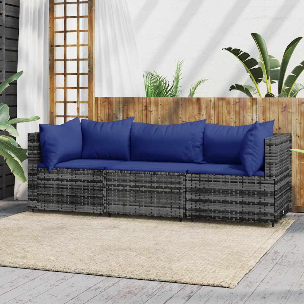 vidaXL 3 Piece Garden Lounge Set with Cushions Grey Poly Rattan
