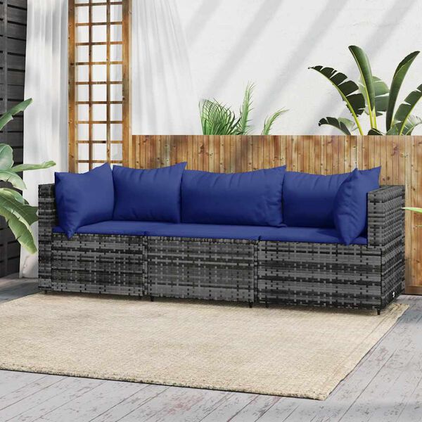 vidaXL 3 Piece Garden Lounge Set with Cushions Grey Poly Rattan