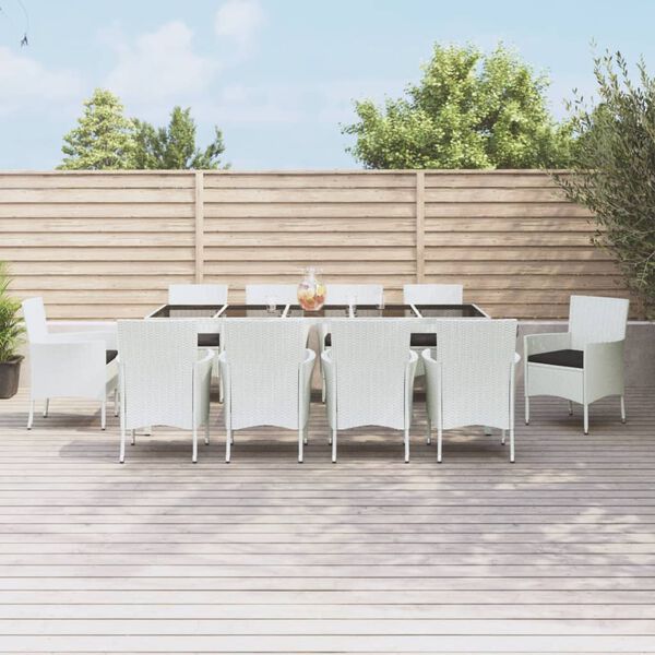 vidaXL 11 Piece Garden Dining Set with Cushions White Poly Rattan