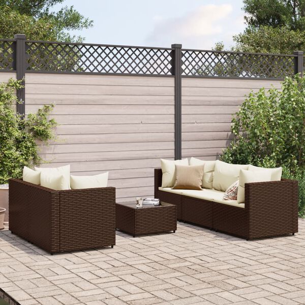 vidaXL 6 Piece Garden Lounge Set with Cushions Brown Poly Rattan