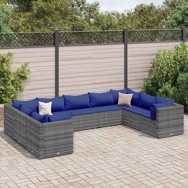 vidaXL 9 Piece Garden Lounge Set with Cushions Grey Poly Rattan