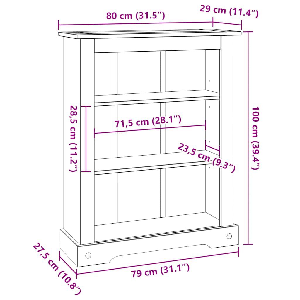 vidaXL 3-Tier Bookcase Mexican Pine Corona Range 80x29x100 cm