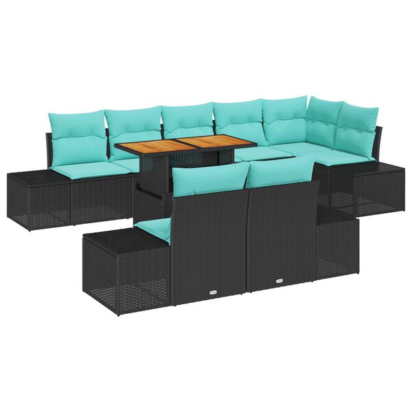 vidaXL 9 Piece Garden Sofa Set with Cushions Black Poly Rattan Acacia