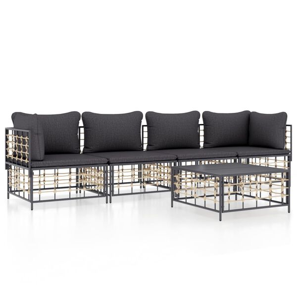 vidaXL 5 Piece Garden Lounge Set with Cushions Anthracite Poly Rattan
