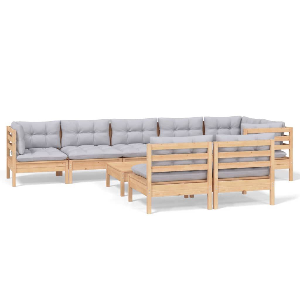 vidaXL 9 Piece Garden Lounge Set with Grey Cushions Solid Pinewood