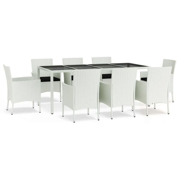 vidaXL 9 Piece Garden Dining Set with Cushions White Poly Rattan