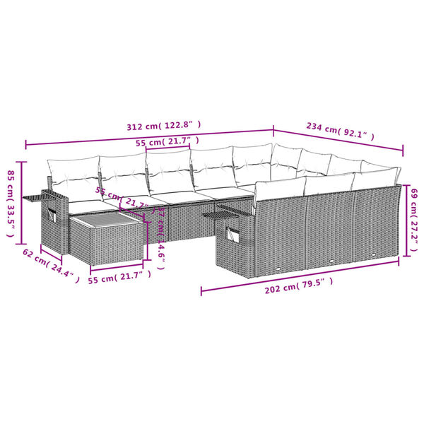 vidaXL 11 Piece Garden Sofa Set with Cushions Grey Poly Rattan