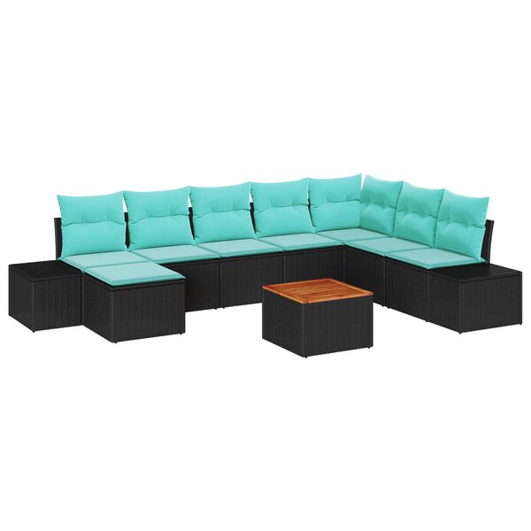 vidaXL 9 Piece Garden Sofa Set with Cushions Black Poly Rattan Acacia