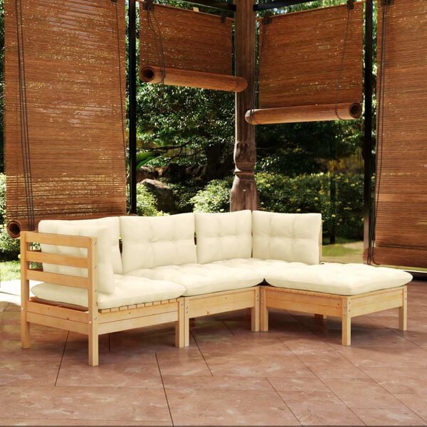 vidaXL 4 Piece Garden Lounge Set with Cream Cushions Pinewood