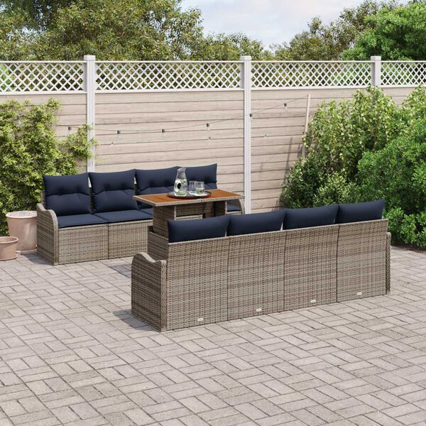 vidaXL 9 Piece Garden Sofa Set with Cushions Grey Poly Rattan Acacia