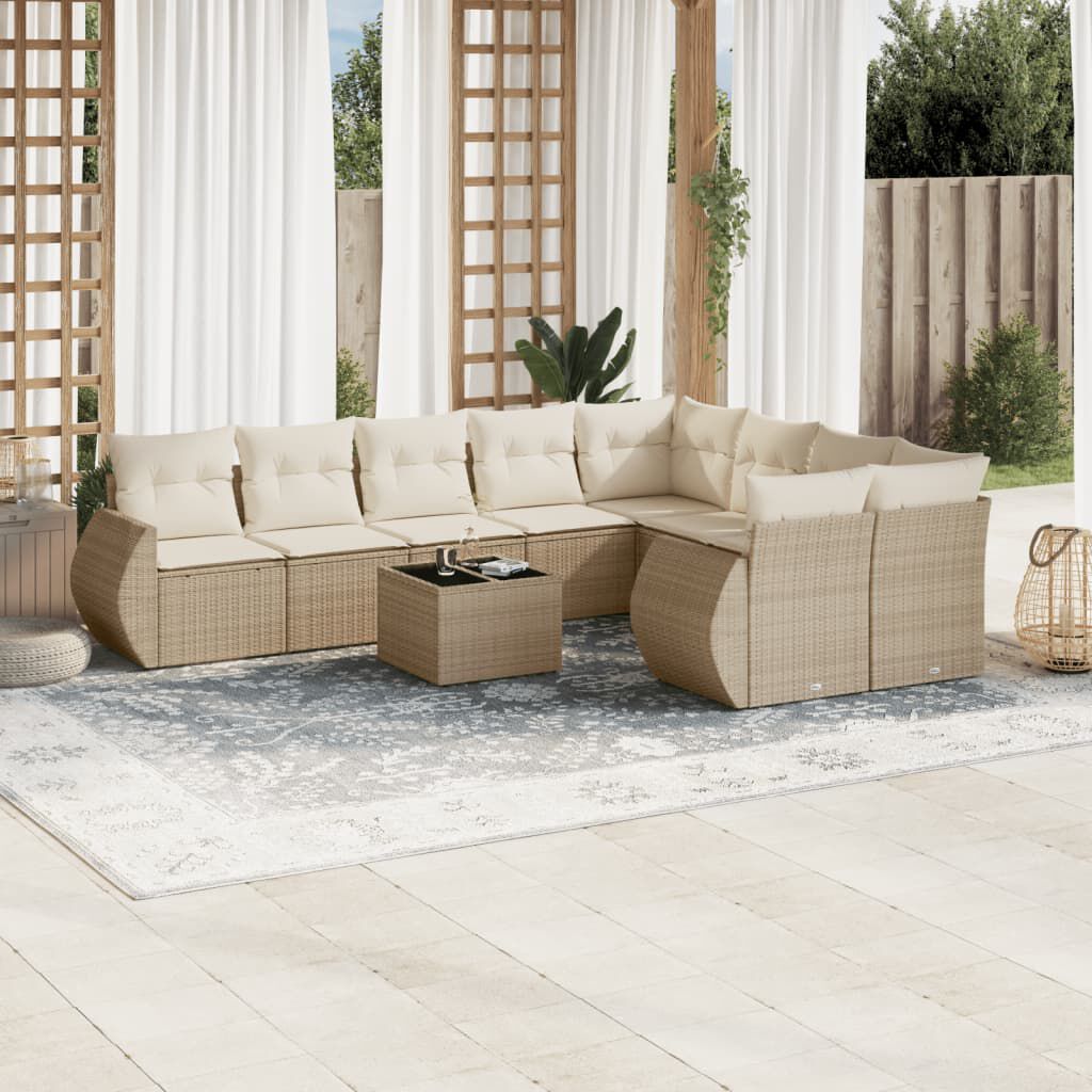 vidaXL 10 Piece Garden Sofa Set with Cushions Beige Poly Rattan