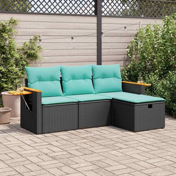 vidaXL 4 Piece Garden Sofa Set with Cushions Black Poly Rattan