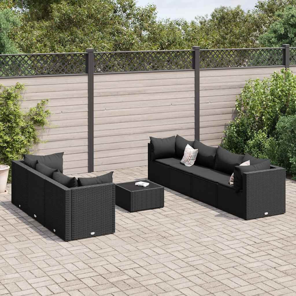 vidaXL 8 Piece Garden Lounge Set with Cushions Black Poly Rattan
