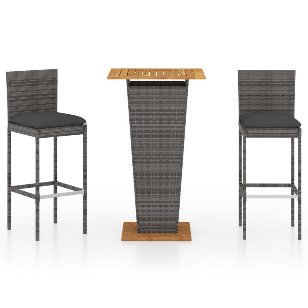 vidaXL 3 Piece Garden Bar Set with Cushions Poly Rattan Grey