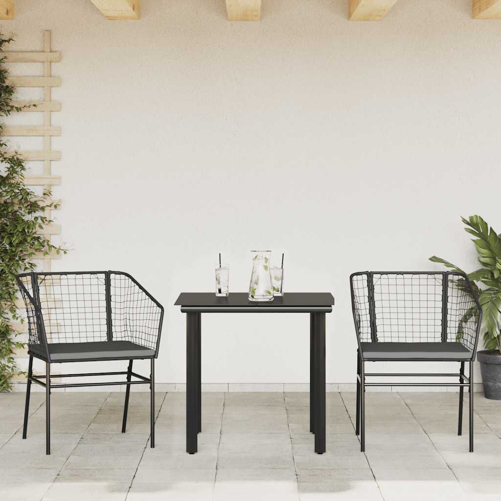 vidaXL 3 Piece Garden Dining Set with Cushions Black Poly Rattan Glass