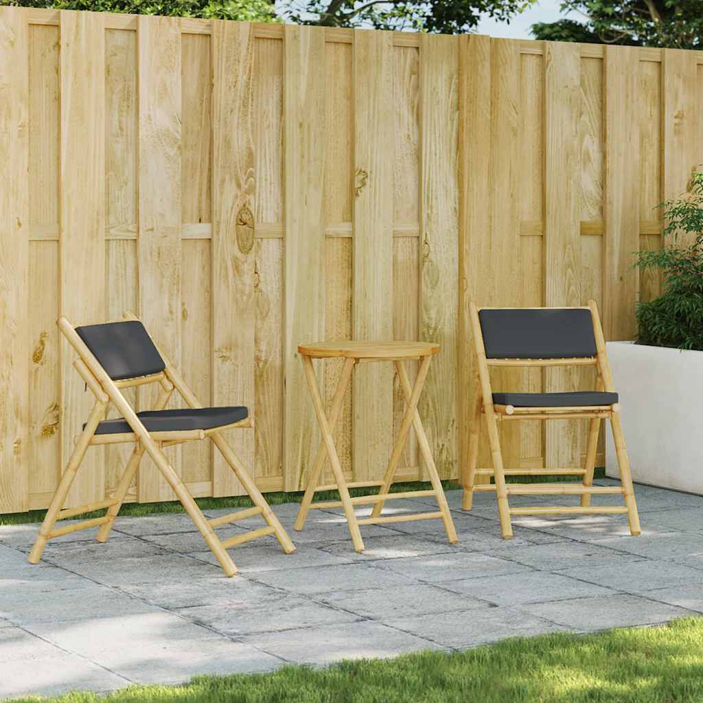 vidaXL 3 Piece Folding Bistro Set with Dark Grey Cushions Bamboo