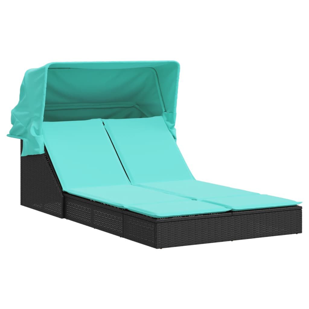 vidaXL Double Sun Lounger with Canopy and Cushions Black Poly Rattan