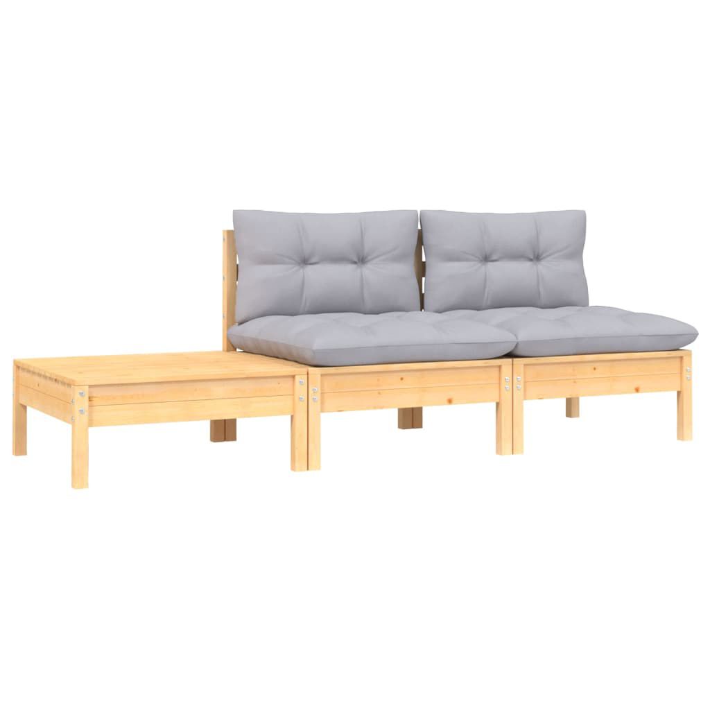 vidaXL 3 Piece Garden Lounge Set with Grey Cushions Solid Pinewood