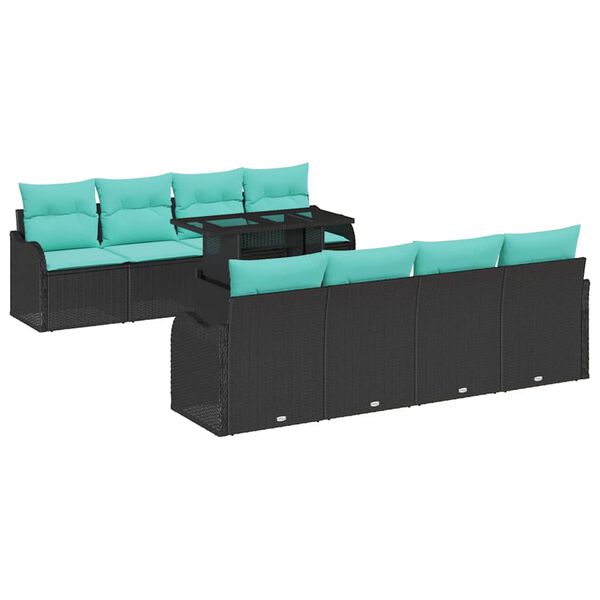 vidaXL Garden Sofa Set with Cushion 9 pcs Black Poly Rattan