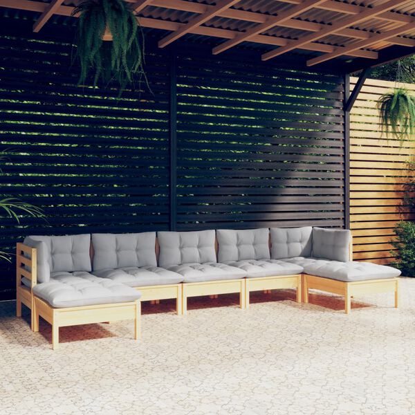 vidaXL 7 Piece Garden Lounge Set with Grey Cushions Pinewood