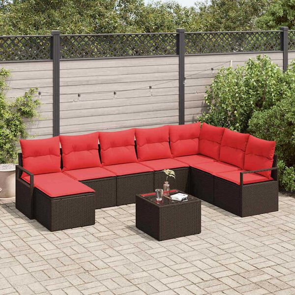 vidaXL Sofa Set with Cushion 9 pcs Brown Poly Rattan