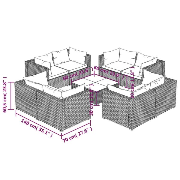 vidaXL 9 Piece Garden Lounge Set with Cushions Poly Rattan Brown