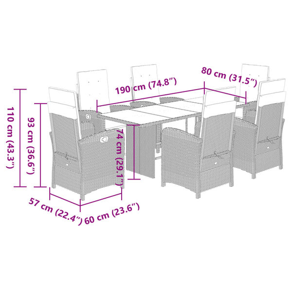 vidaXL 7 Piece Garden Dining Set with Cushions Brown Poly Rattan