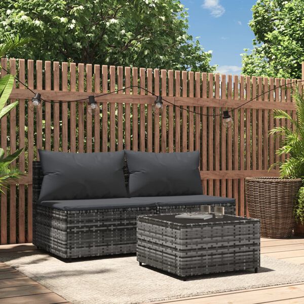 vidaXL 3 Piece Garden Lounge Set with Cushions Grey Poly Rattan