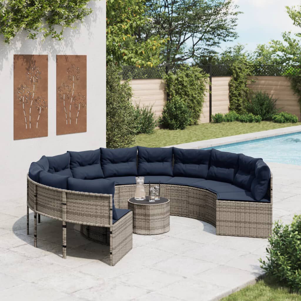 vidaXL Garden Sofa with Cushions Round Grey Poly Rattan