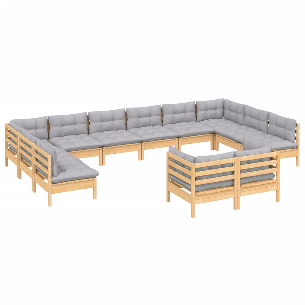 vidaXL 12 Piece Garden Lounge Set with Grey Cushions Solid Pinewood