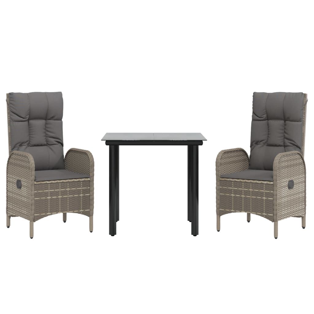 vidaXL 3 Piece Garden Dining Set with Cushions Black and Grey Poly Rattan
