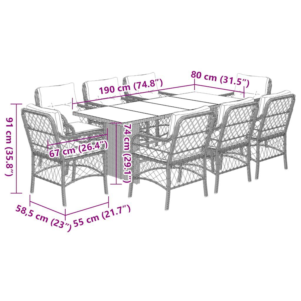 vidaXL 9 Piece Garden Dining Set with Cushions Grey Poly Rattan